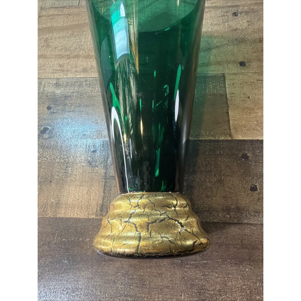 Cristallerie Emerald Green Glass Trumpet Vase Gilded Pedestal Base Vtg Italy 11